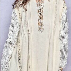 POL Boho Boutique Lace Sleeve Tunic Top Floral Button High Low L